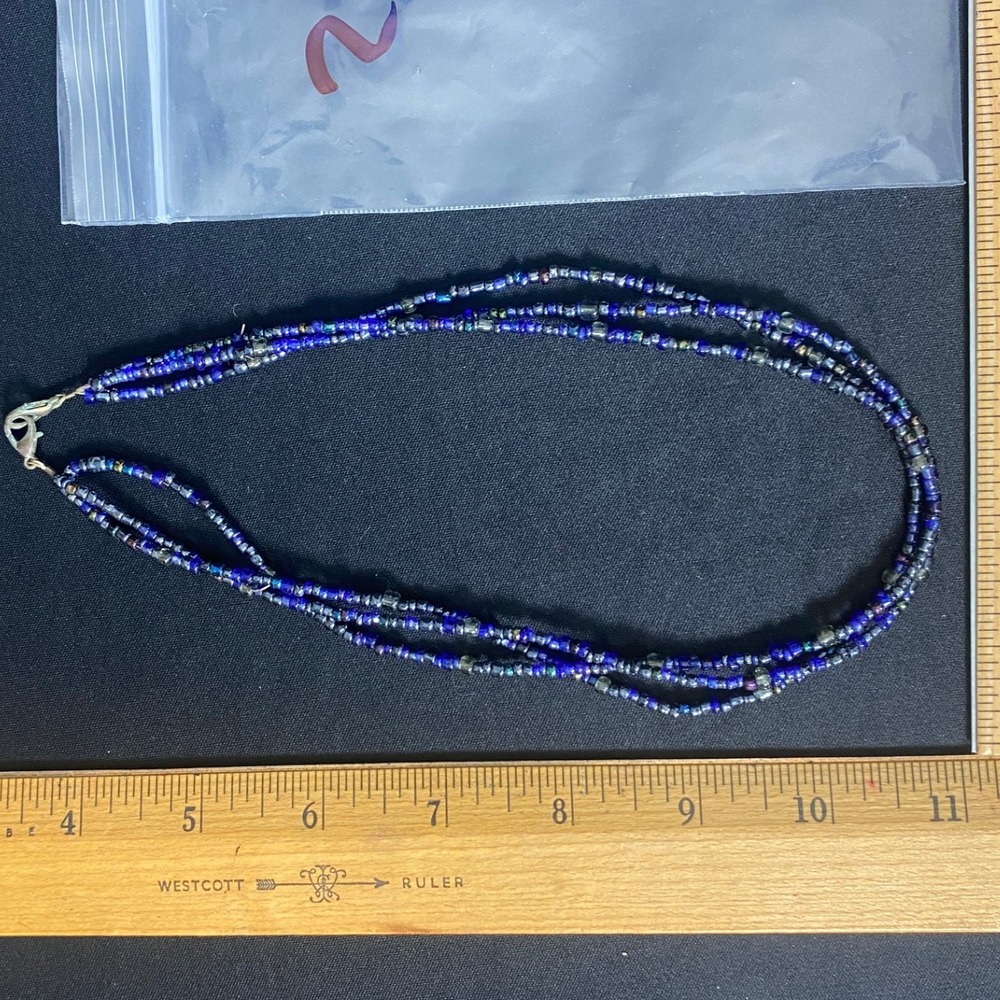 Womens Beaded Necklace Blue‎ Silver Multi Strand Layered Choker